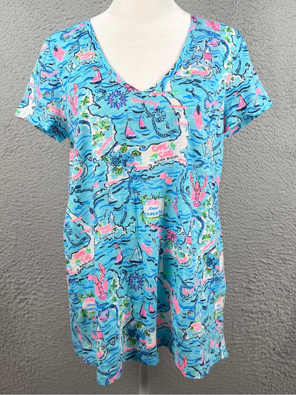 Lilly Pulitzer Etta V Neck Cotton Top Women Small Blue Cape Cod Graphic NWT